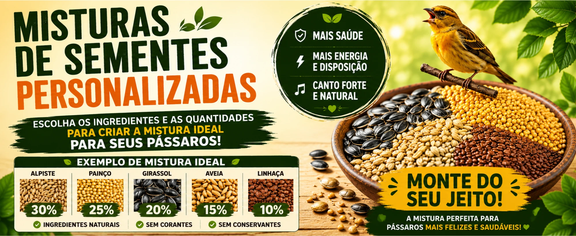 Misturas de sementes personalizadas: escolha os ingredientes e as quantidades para criar a mistura ideal para seus pássaros &mdash; mais saúde, mais energia e mais canto