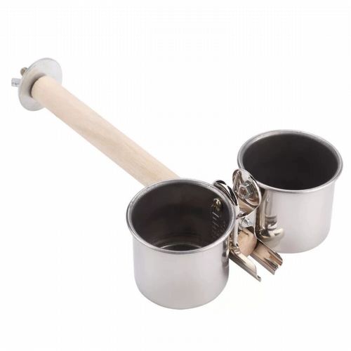Poleiro para pássaro de madeira e aço inox com tigela dupla - 30 cm - imagem 1